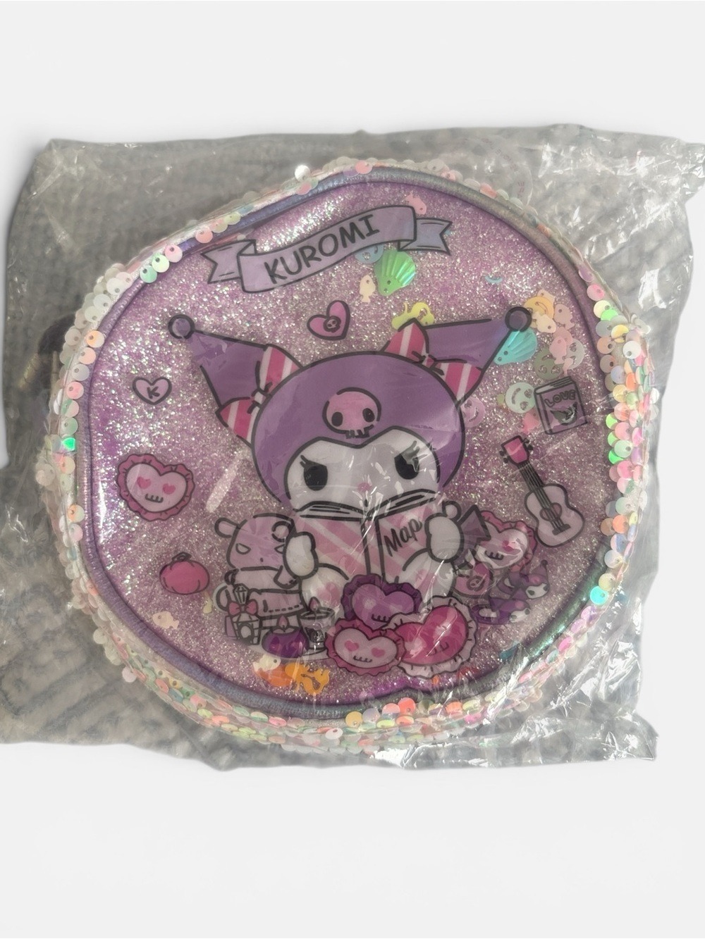 Kuromi Glitter Sequin Round Crossbody Bag — Purple Pink